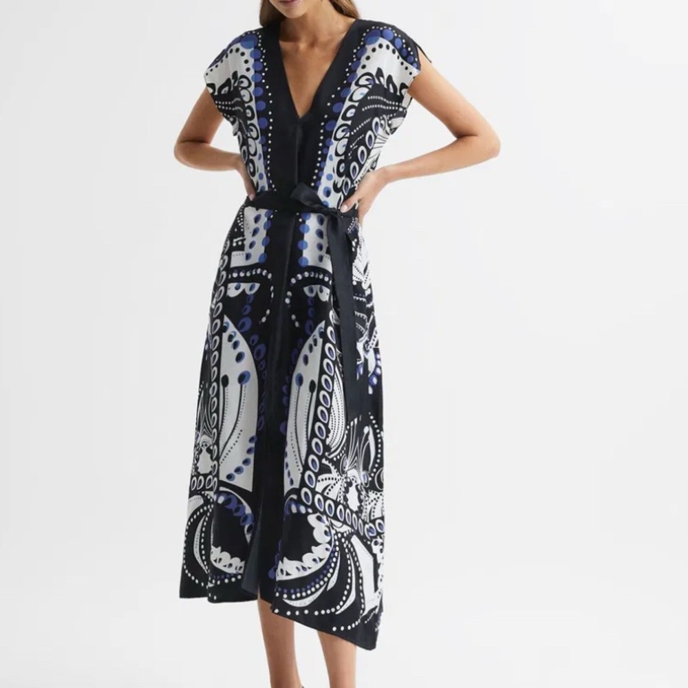 Reiss Freya Scarf Printed Midi Dress Navy White US 6 / Euro 10